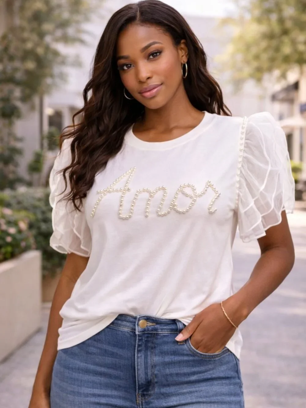 Anthro White Pearl Amor (LOVE) Top Womens XL Sheer Puff Sleeve Romantic Blouse